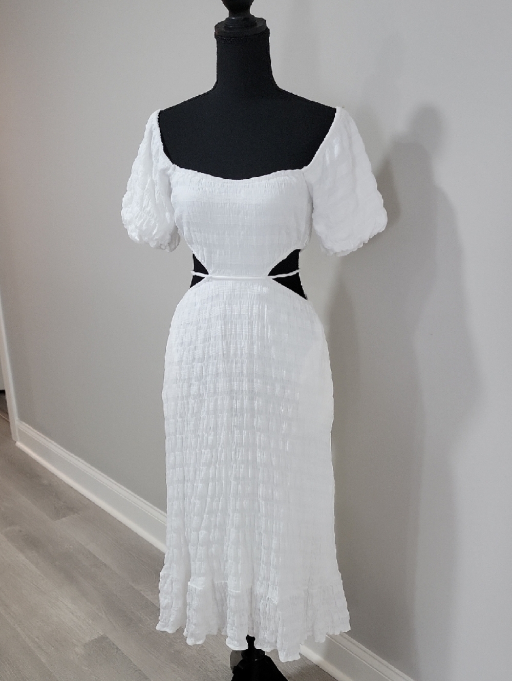 White Dress with Puff Sleeves and Side Cutouts - Picture 2 of 11